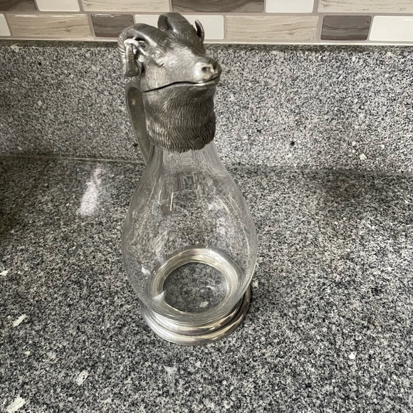 Wine Decanter with Pewter base Ram head & handle. Ht 23.9 cm Capacity 25oz.